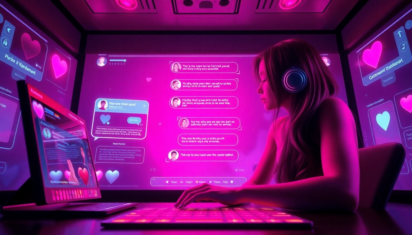 Engaging NSFW AI chatbot scene with digital interface, vibrant colors, and interactive elements.