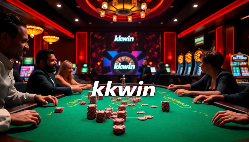 Kkwin players engaging in intense poker action at a vibrant casino table.