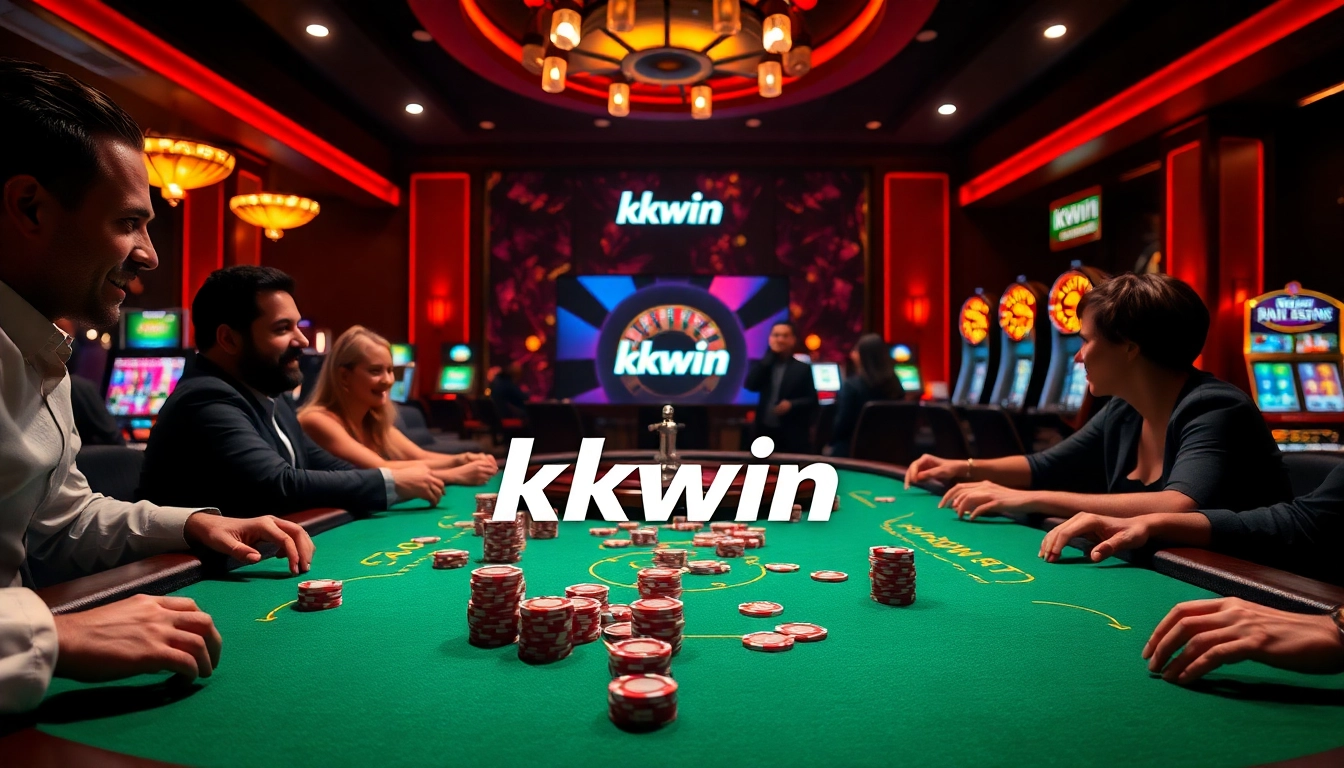 Kkwin players engaging in intense poker action at a vibrant casino table.