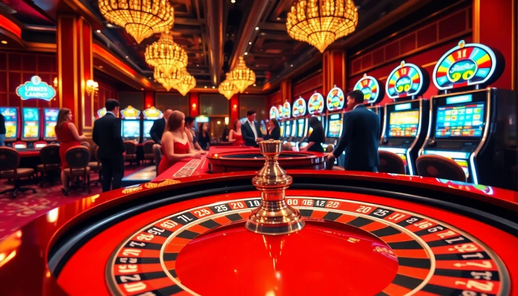 I9bet players excitedly placing bets at a luxurious roulette table in a vibrant casino scene.