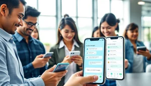 Engaging scene displaying Potato下载 in action, showcasing secure communication through a modern app interface among diverse professionals.