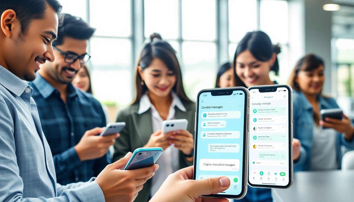 Engaging scene displaying Potato下载 in action, showcasing secure communication through a modern app interface among diverse professionals.