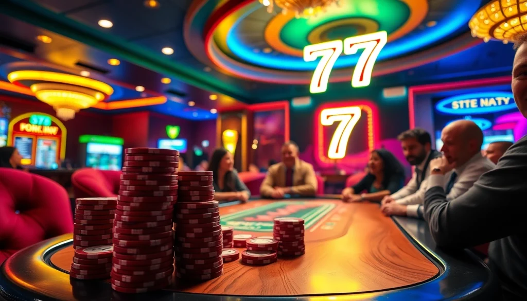 Players enjoy a thrilling game at the poker table with a seven77 neon sign glowing in the background.