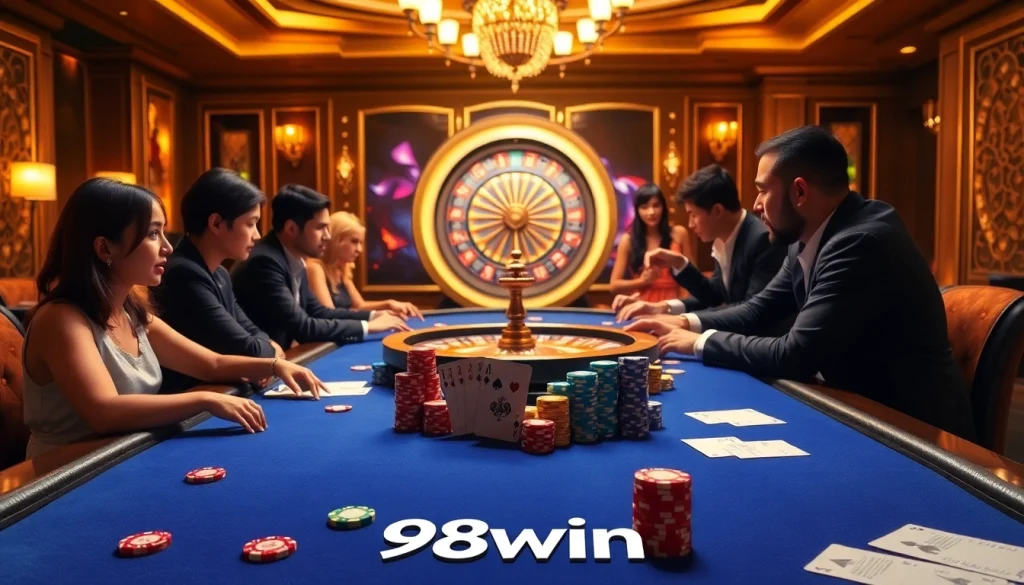 Intense poker game at 98win.com, showcasing colorful chips and cards in a luxurious casino.