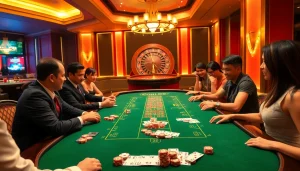 Exciting scene of lô kép 247 action at a luxurious casino table with enthusiastic players and warm lighting.