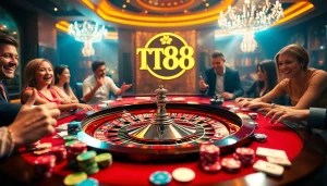 Players enjoying roulette at a casino table with TT88 branding, capturing excitement and engagement.