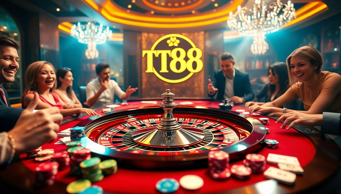 Players enjoying roulette at a casino table with TT88 branding, capturing excitement and engagement.
