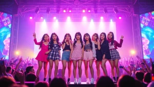 Blackpink news highlights K-pop group performance with vibrant stage lights and dynamic poses.