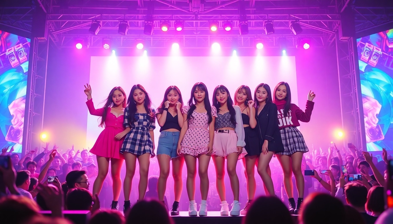 Blackpink news highlights K-pop group performance with vibrant stage lights and dynamic poses.