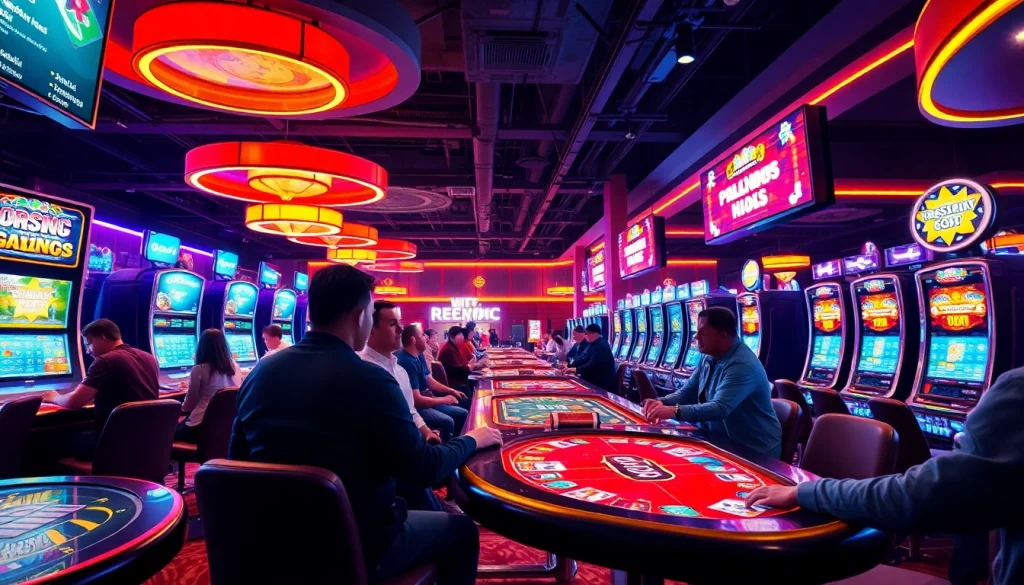 Vibrant online gaming scene showcasing players at card tables and slot machines, dittytalk.com.