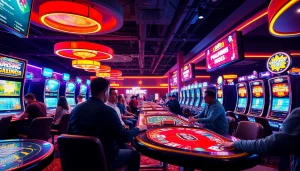 Vibrant online gaming scene showcasing players at card tables and slot machines, dittytalk.com.