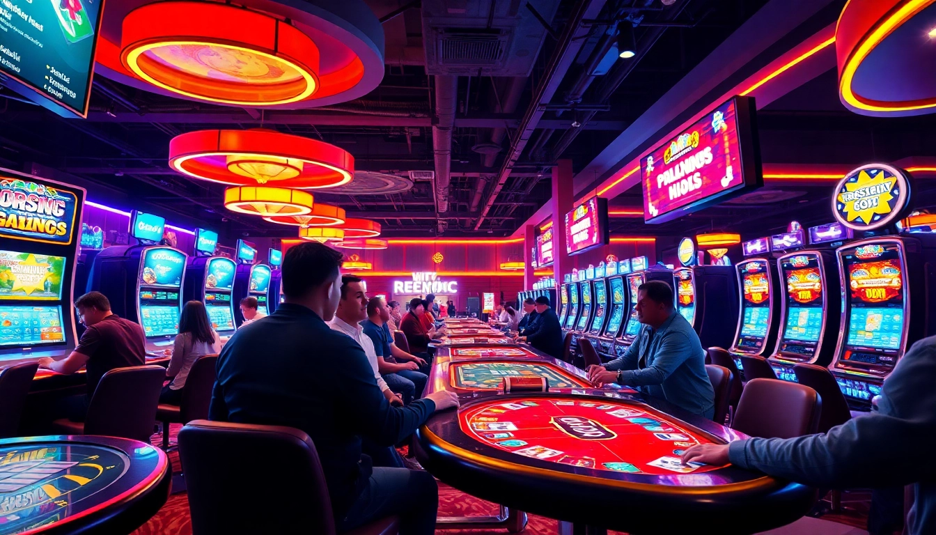 Vibrant online gaming scene showcasing players at card tables and slot machines, dittytalk.com.