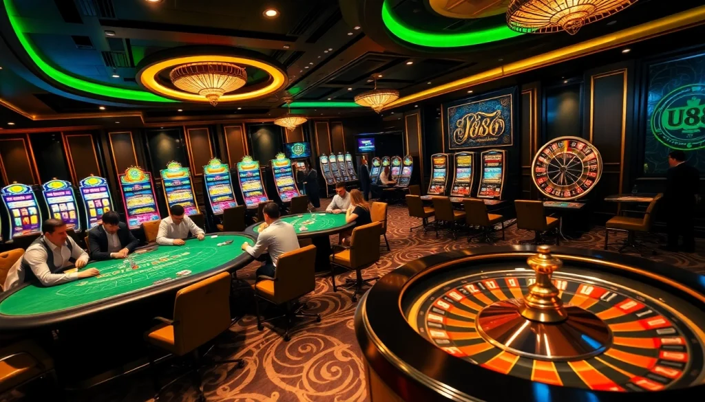 Intense poker action at U888 casino with vibrant slot machines and roulette excitement.