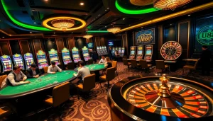 Intense poker action at U888 casino with vibrant slot machines and roulette excitement.