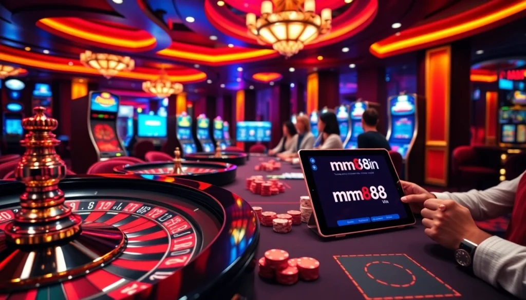 Exciting gaming scene featuring vibrant roulette wheels and mm88 vin branding, capturing high-stakes gambling action.
