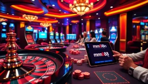 Exciting gaming scene featuring vibrant roulette wheels and mm88 vin branding, capturing high-stakes gambling action.