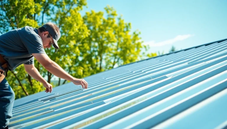 Technician installing a standing seam metal roof on a modern home with precise alignment and sleek design.
