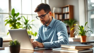 Tampa Free Press journalist actively writing in a well-lit editorial office.