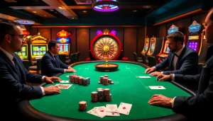 KJC members engaging at an upscale poker table amidst exciting casino ambiance.