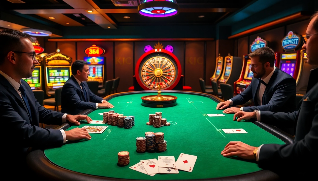 KJC members engaging at an upscale poker table amidst exciting casino ambiance.