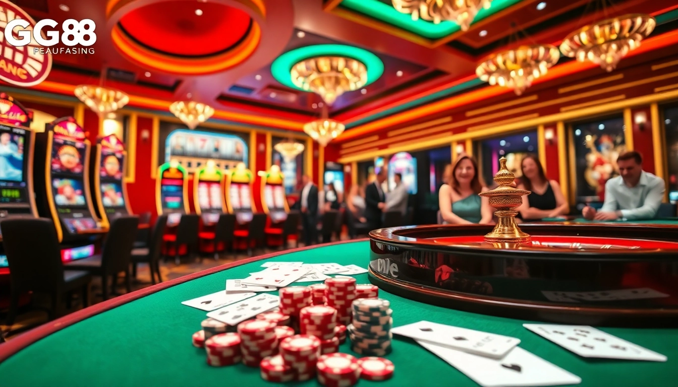 Experience the thrill of GG88 with vibrant slot machines and exciting poker tables in a luxury casino setting.
