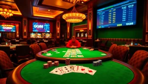 Players enjoying a thrilling poker game at GG88 casino with vibrant lighting and luxurious environment.