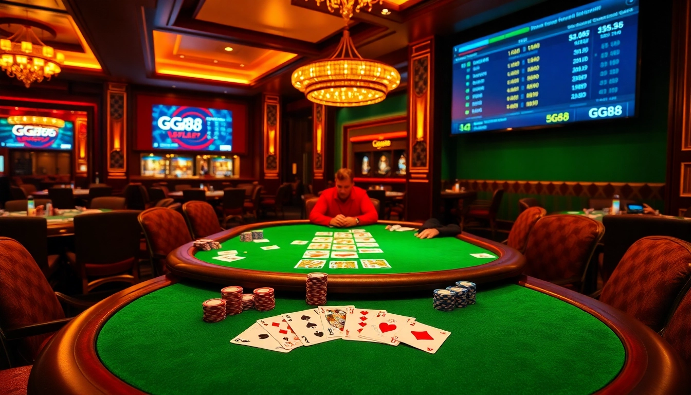 Players enjoying a thrilling poker game at GG88 casino with vibrant lighting and luxurious environment.