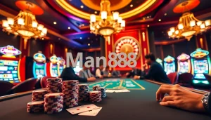 Man88 casino scene with engaged players at a poker table, vibrant colors, and classic gambling elements.