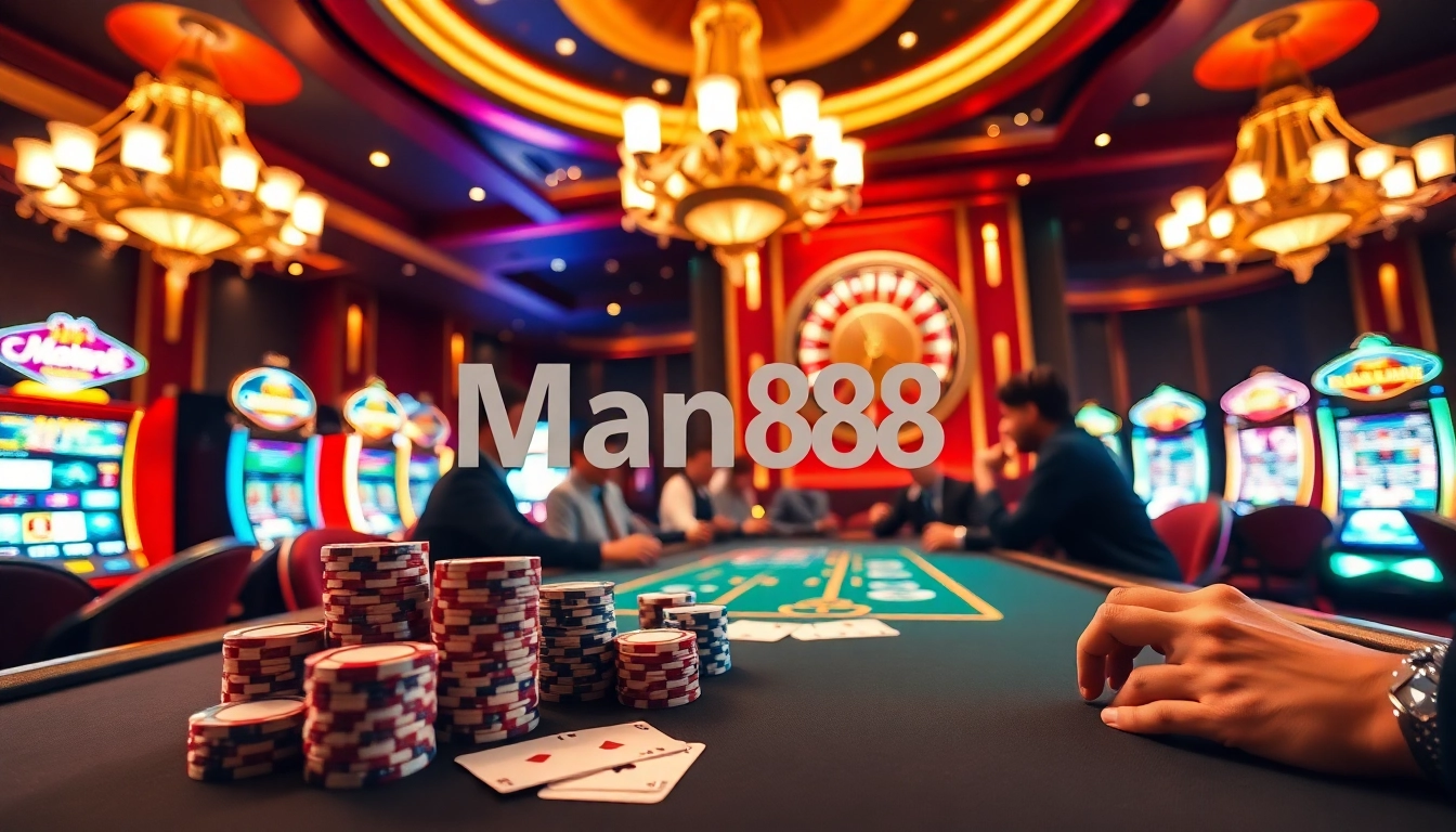 Man88 casino scene with engaged players at a poker table, vibrant colors, and classic gambling elements.
