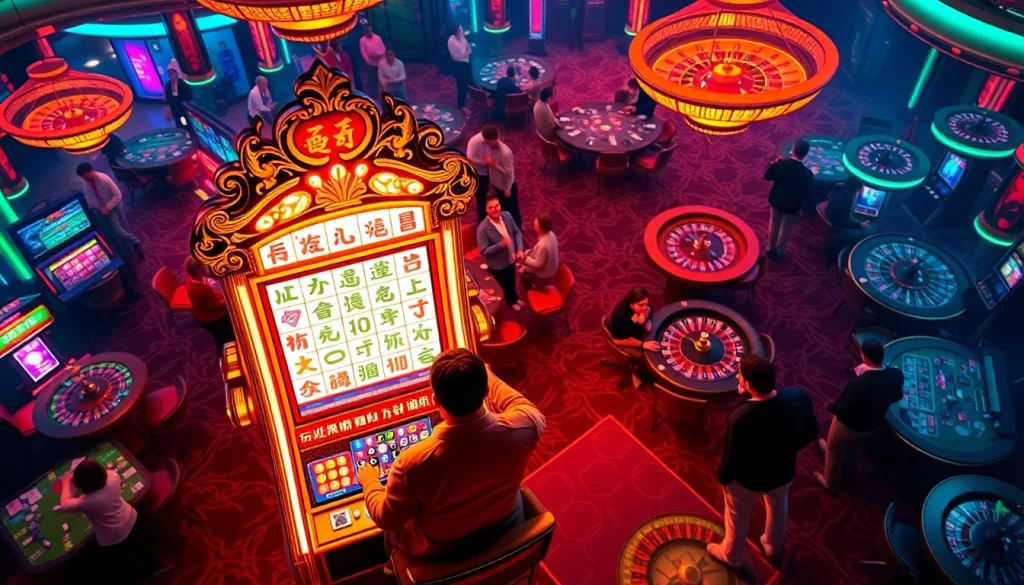 Play Mahjong Ways 2 in an immersive casino setting, showcasing a vibrant slot machine surrounded by players celebrating their wins.