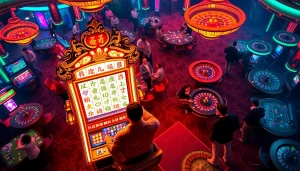Play Mahjong Ways 2 in an immersive casino setting, showcasing a vibrant slot machine surrounded by players celebrating their wins.