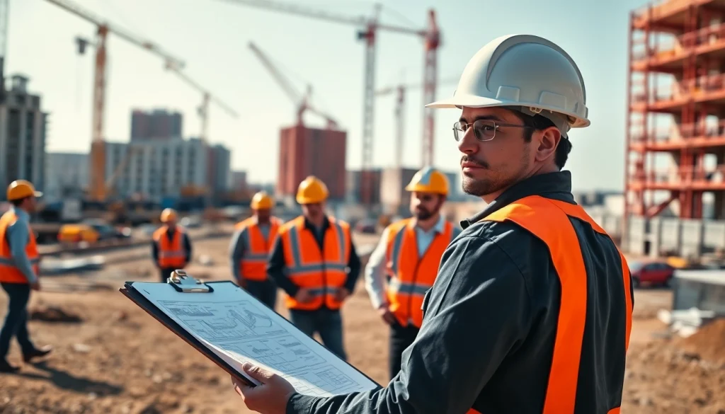 Engaging careers in construction scene showing a professional overseeing a construction site.