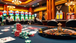 Experience thrilling gameplay at 68 game bài with vibrant poker chips and lively casino atmosphere.