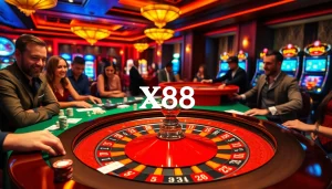 Experience the excitement of X88 betting at a luxurious casino table surrounded by eager players.
