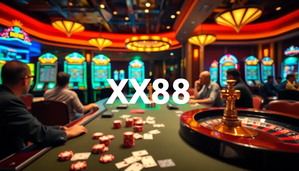 Players enjoying a thrilling poker game at XX88 casino with vibrant lights and luxurious decor.