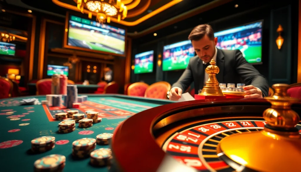 Engaging moments from Vào lưới TV showcased at an elegant casino table with chips and a roulette wheel.