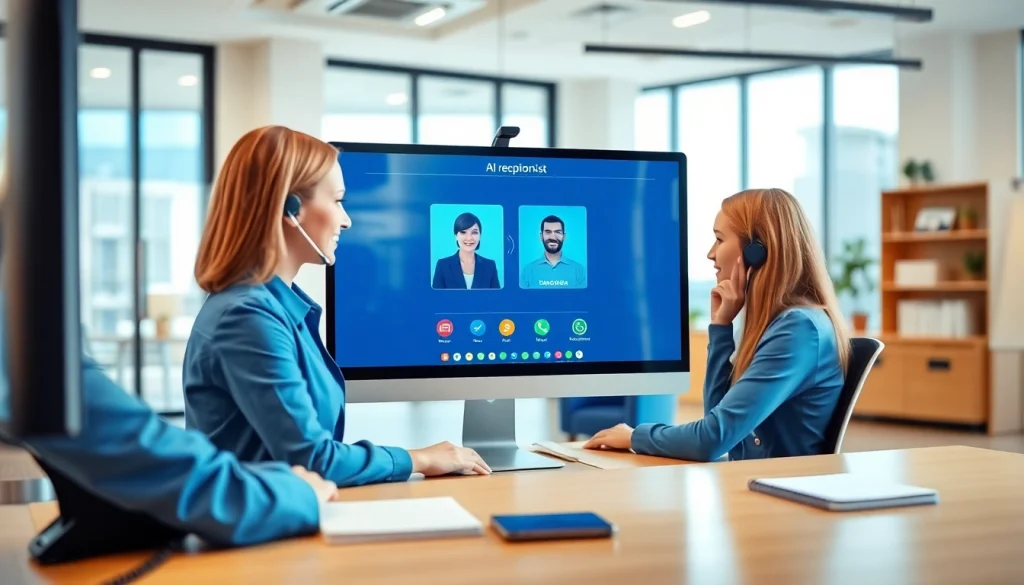 AI Receptionist engaging customers seamlessly with modern technology in an office.