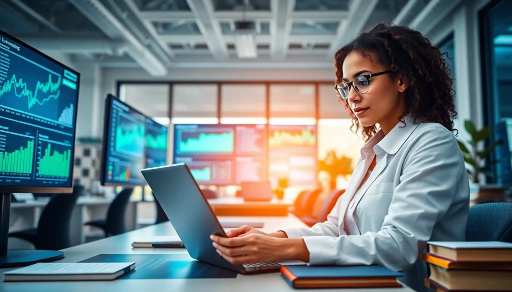 Data scientist employing machine learning for loan underwriting analysis in a bright office.