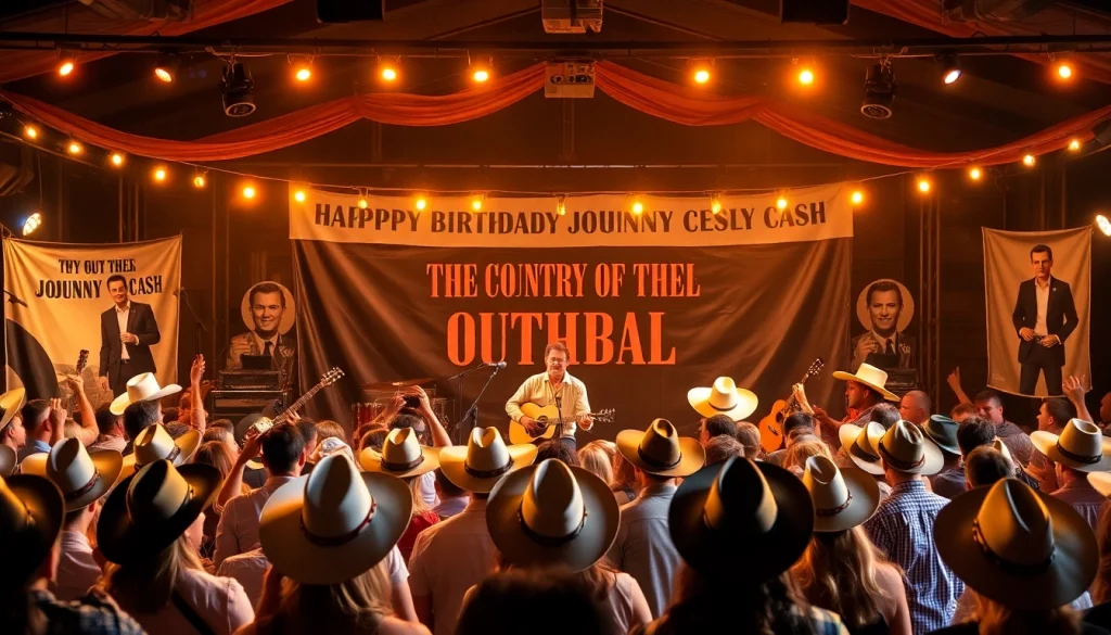 Experience the lively atmosphere at the johnnycashbirthday.com celebration, featuring joyful attendees enjoying live music.