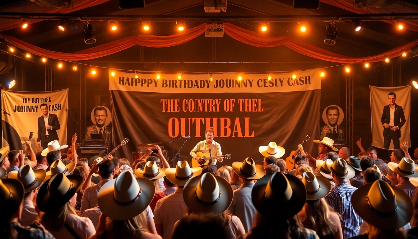 Experience the lively atmosphere at the johnnycashbirthday.com celebration, featuring joyful attendees enjoying live music.