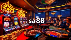 Engage in exciting online gaming at nhà cái sa88 with vibrant casino visuals, including slots and poker tables.