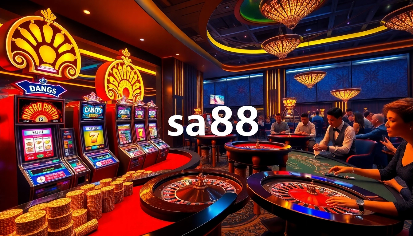 Engage in exciting online gaming at nhà cái sa88 with vibrant casino visuals, including slots and poker tables.