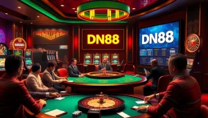 Exciting casino scene featuring DN88 on the digital screen with a poker table and slot machines.