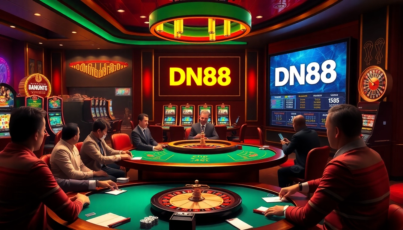 Exciting casino scene featuring DN88 on the digital screen with a poker table and slot machines.