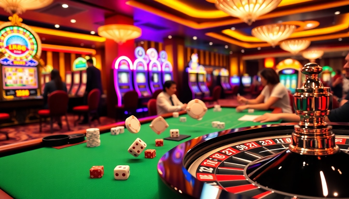 Players enjoying an exciting game at RR88 casino tables with vibrant poker chips and slot machines.