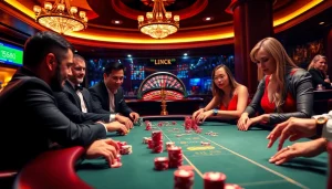 Experience the excitement of LINK LC88 with a luxurious poker scene, vibrant chips, and focused gamblers.