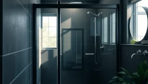 Showcase of black shower sliding door with modern design and reflective glass in a contemporary bathroom.