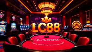 Experience the thrill of gaming with LC88 at a lively casino featuring poker tables and slot machines.