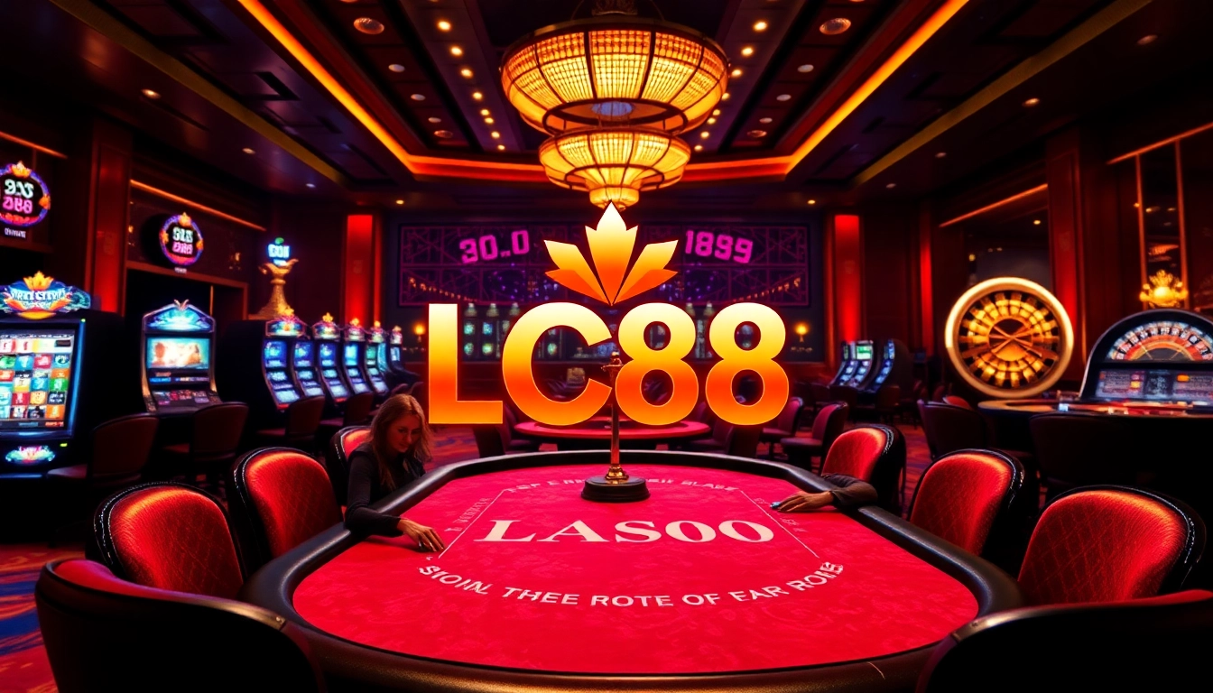 Experience the thrill of gaming with LC88 at a lively casino featuring poker tables and slot machines.