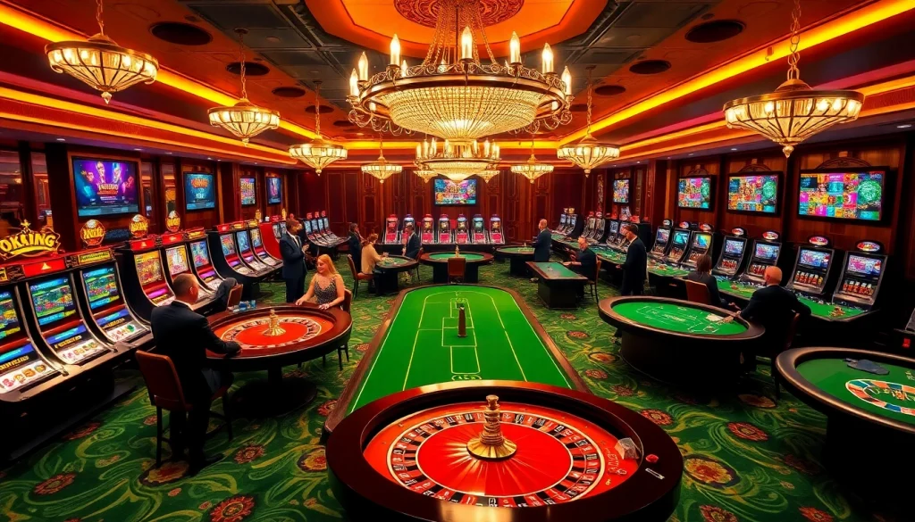 OKKING casino players engaging at roulette tables and slot machines under elegant lighting
